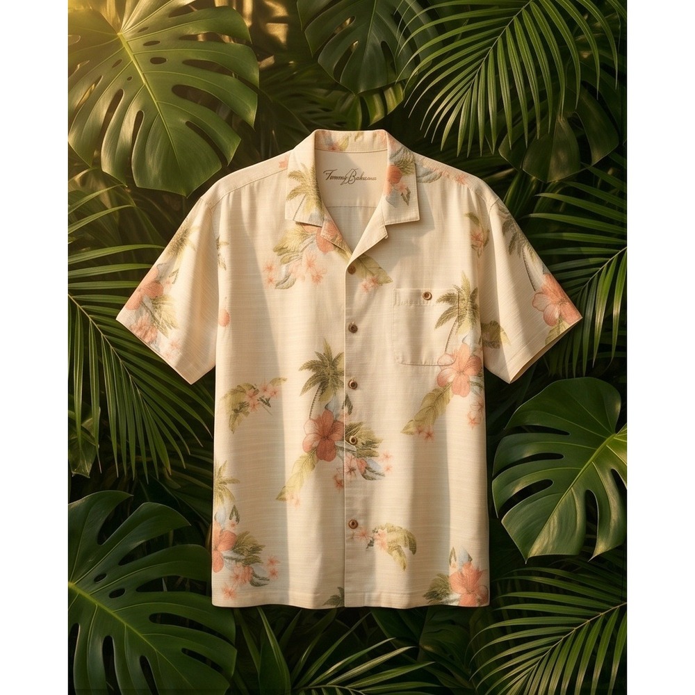 Tommy Bahama Mens XXL Vintage 100% Silk Tropical Floral Camp Shirt Tan Y2K